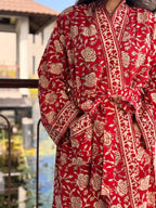 Hand Block Print Cotton Bathrobe, Natural Dye Kimono Robe, Lightweight Spa Robe, Handmade Gift for Her or Him