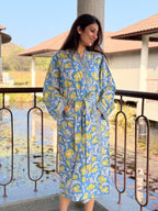 Hand Block Print Cotton Bathrobe, Natural Dye Kimono Robe, Lightweight Spa Robe, Handmade Gift for Her or Him