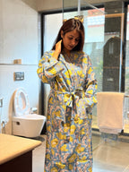 Hand Block Print Cotton Bathrobe, Natural Dye Kimono Robe, Lightweight Spa Robe, Handmade Gift for Her or Him