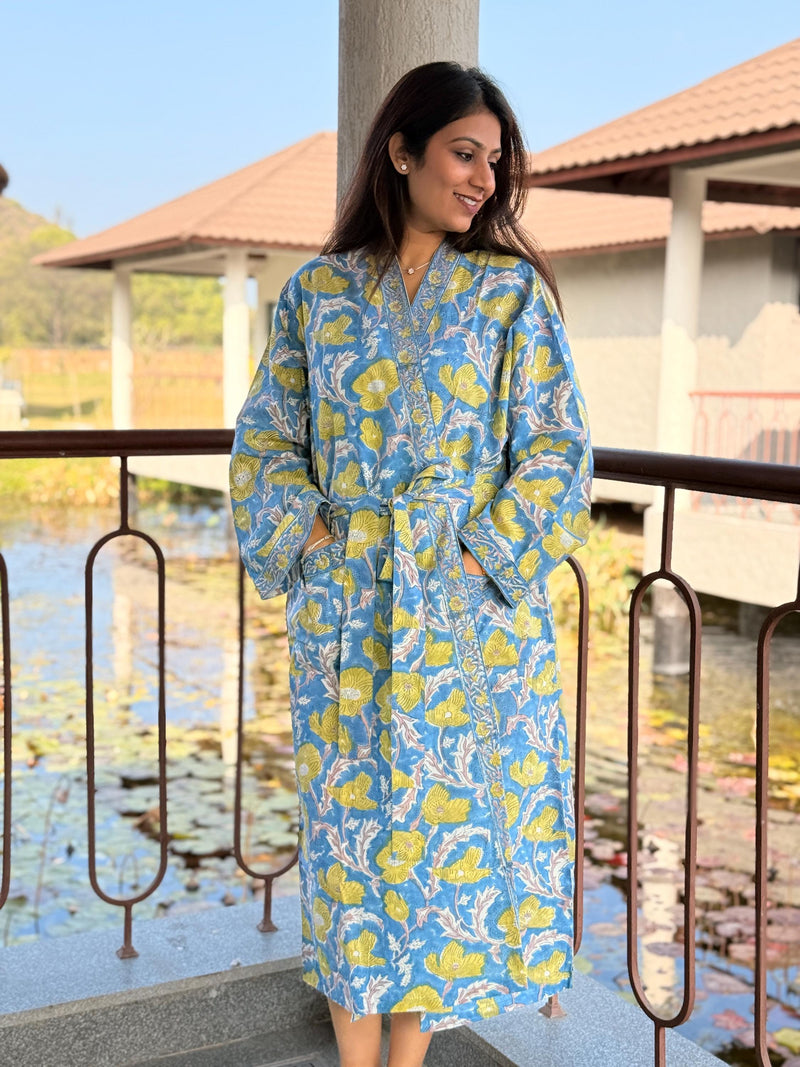 Hand Block Print Cotton Bathrobe, Natural Dye Kimono Robe, Lightweight Spa Robe, Handmade Gift for Her or Him