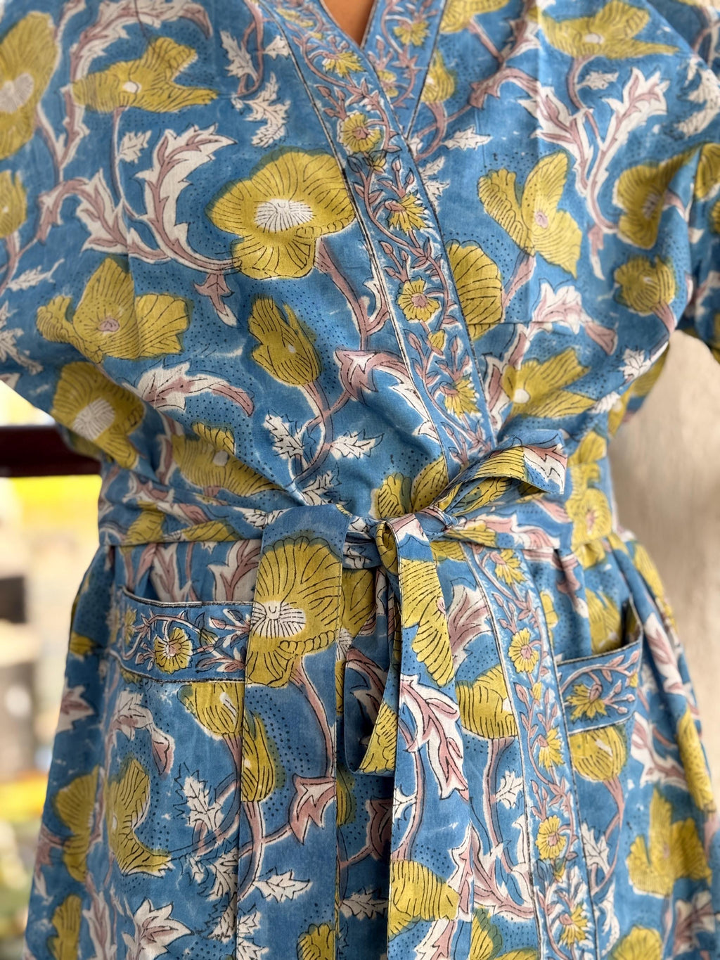 Hand Block Print Cotton Bathrobe, Natural Dye Kimono Robe, Lightweight Spa Robe, Handmade Gift for Her or Him