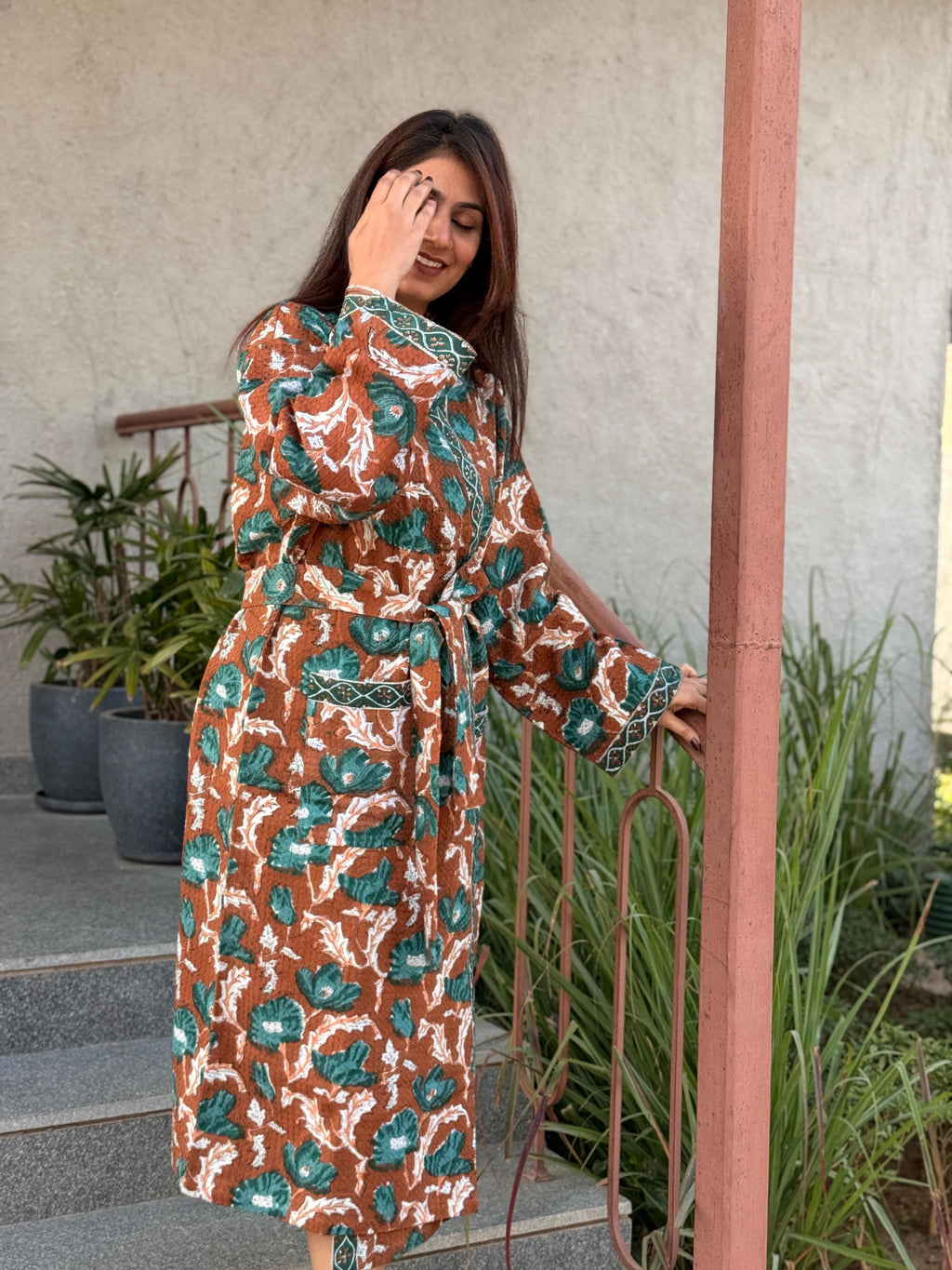 Hand Block Print Cotton Waffle Kimono Robe, Floral Spa Loungewear