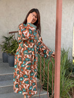 Hand Block Print Cotton Waffle Kimono Robe, Floral Spa Loungewear