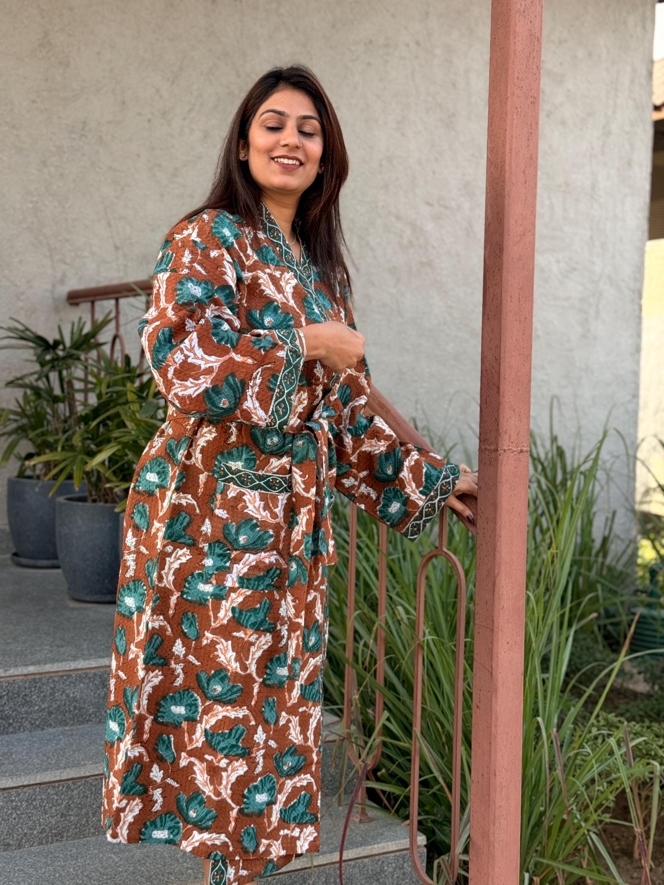 Hand Block Print Cotton Waffle Kimono Robe, Floral Spa Loungewear