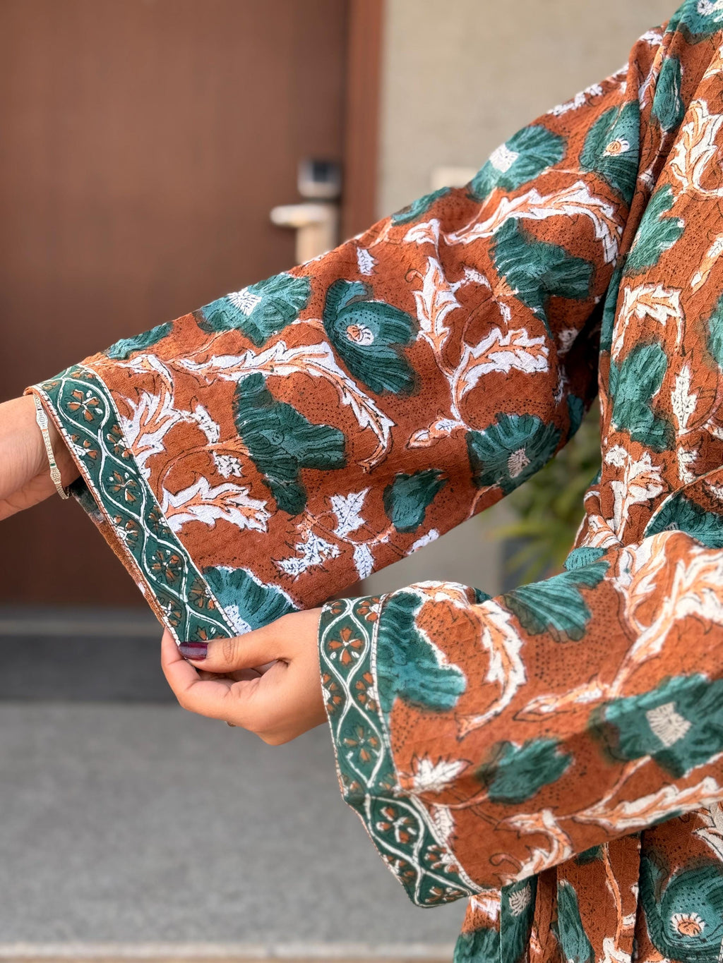 Hand Block Print Cotton Waffle Kimono Robe, Floral Spa Loungewear