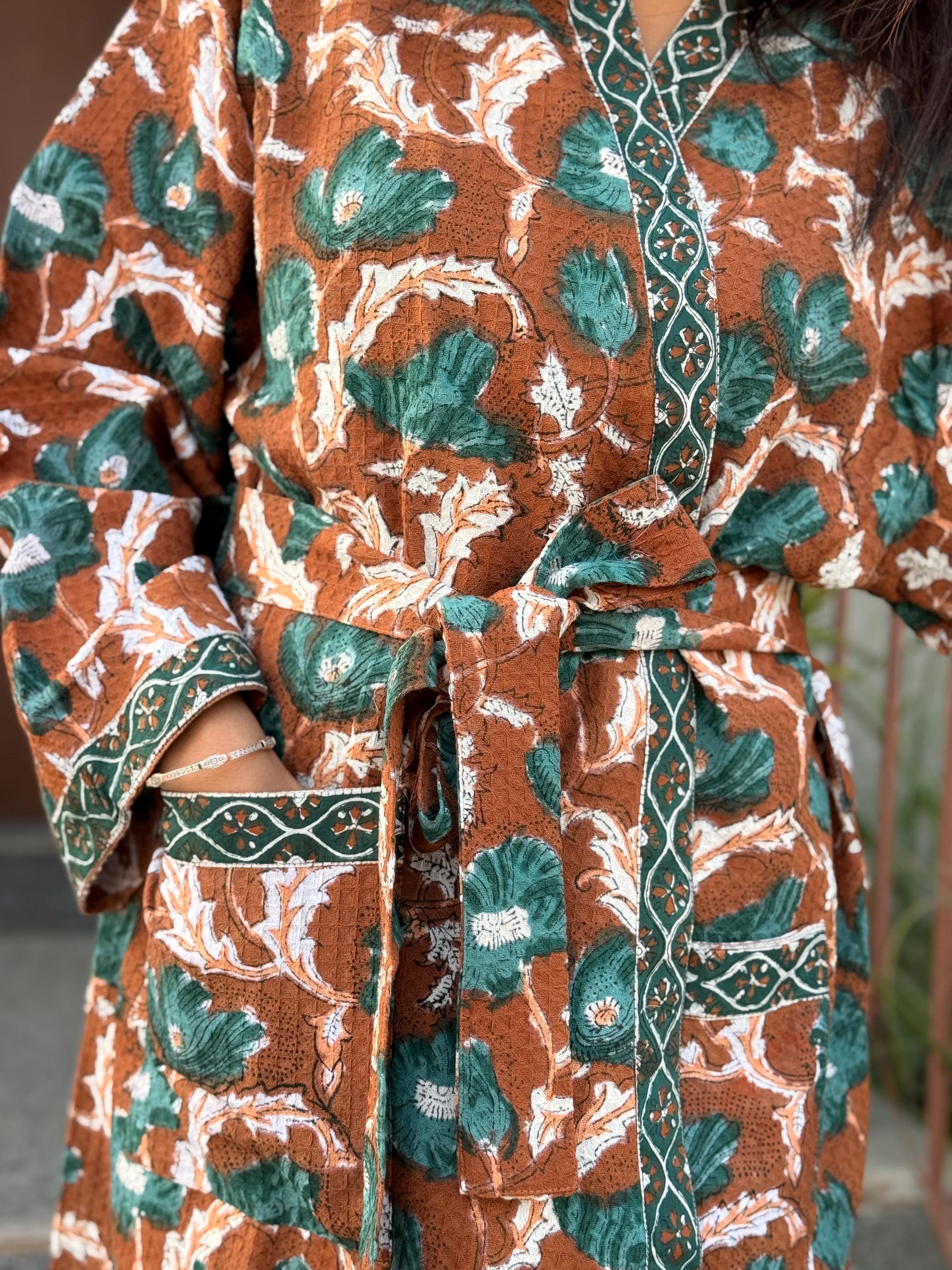 Hand Block Print Cotton Waffle Kimono Robe, Floral Spa Loungewear