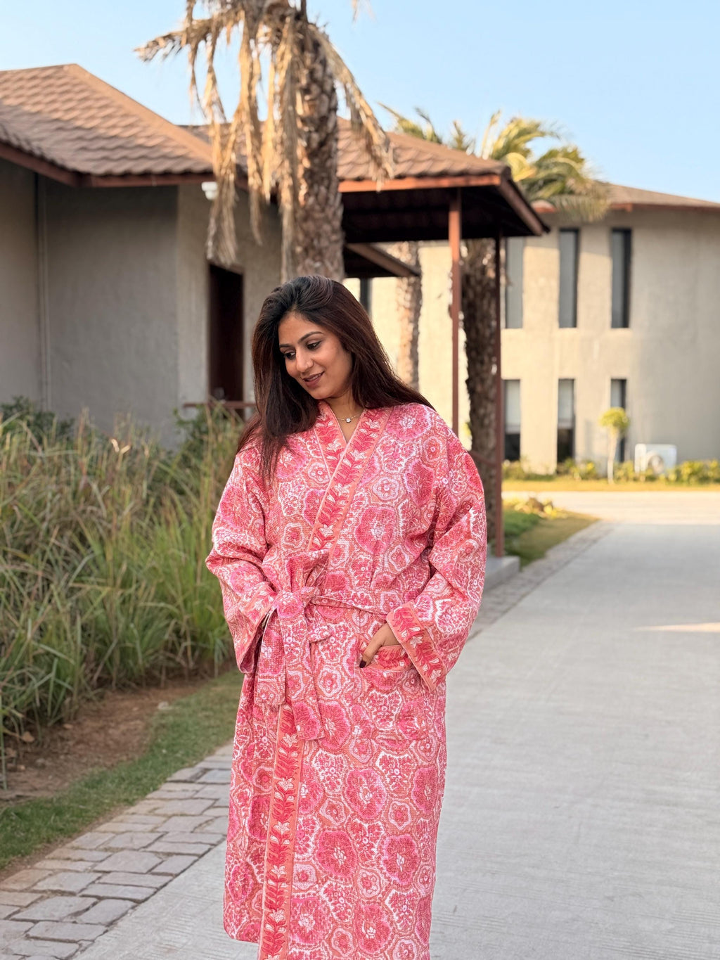 Hand Block Print Waffle Cotton Bathrobe, Lightweight Spa Robe, Natural Dye Kimono Robe, Handmade Unisex Bathrobe, Sustainable Loungewear