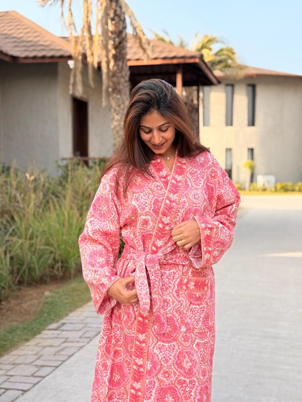 Hand Block Print Waffle Cotton Bathrobe, Lightweight Spa Robe, Natural Dye Kimono Robe, Handmade Unisex Bathrobe, Sustainable Loungewear