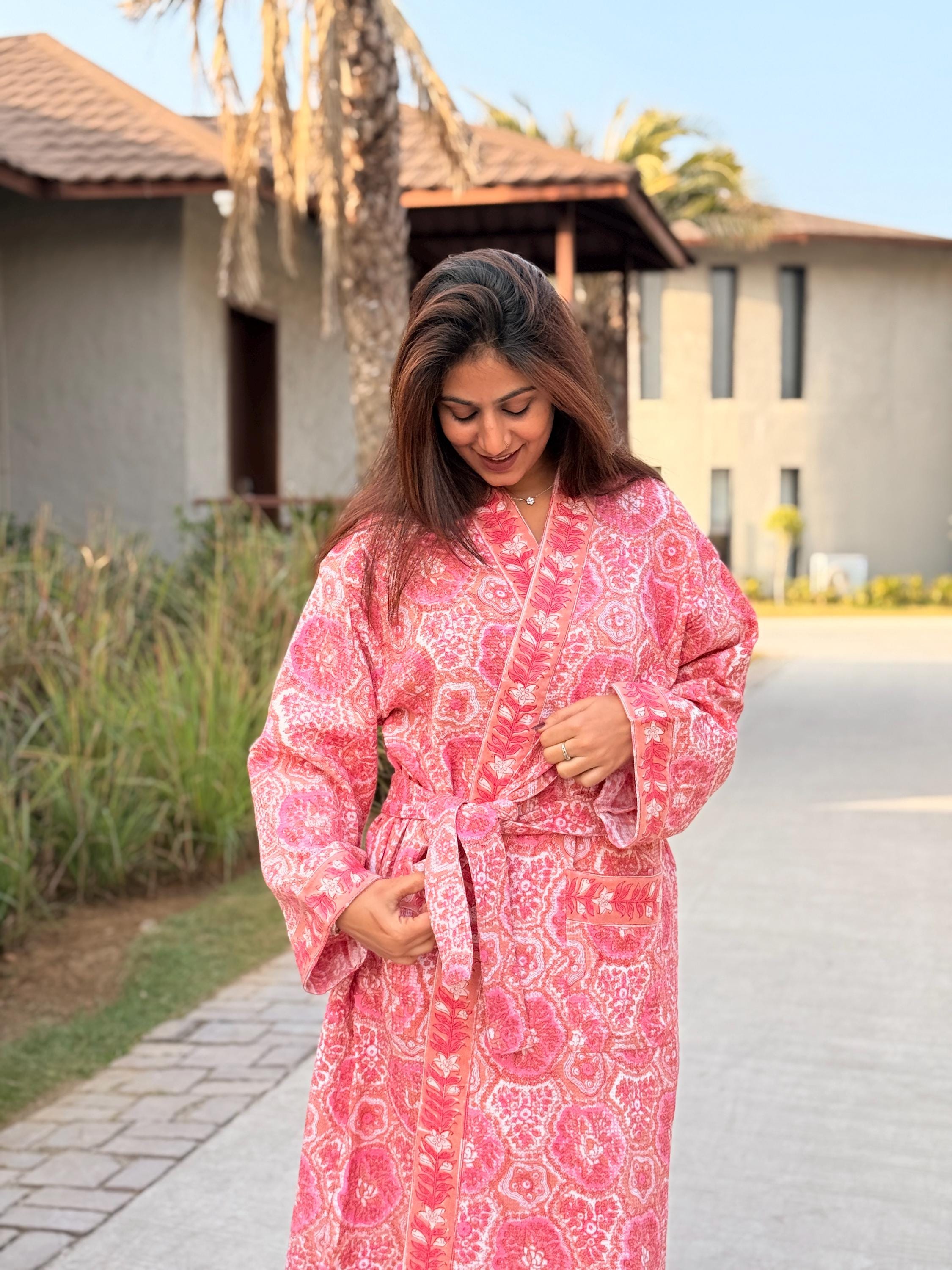 Hand Block Print Waffle Cotton Bathrobe, Lightweight Spa Robe, Natural Dye Kimono Robe, Handmade Unisex Bathrobe, Sustainable Loungewear