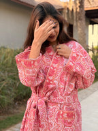 Hand Block Print Waffle Cotton Bathrobe, Lightweight Spa Robe, Natural Dye Kimono Robe, Handmade Unisex Bathrobe, Sustainable Loungewear