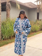 Hand Block Print Waffle Cotton Bathrobe, Lightweight Spa Robe, Natural Dye Kimono Robe, Handmade Unisex Bathrobe, Sustainable Loungewear