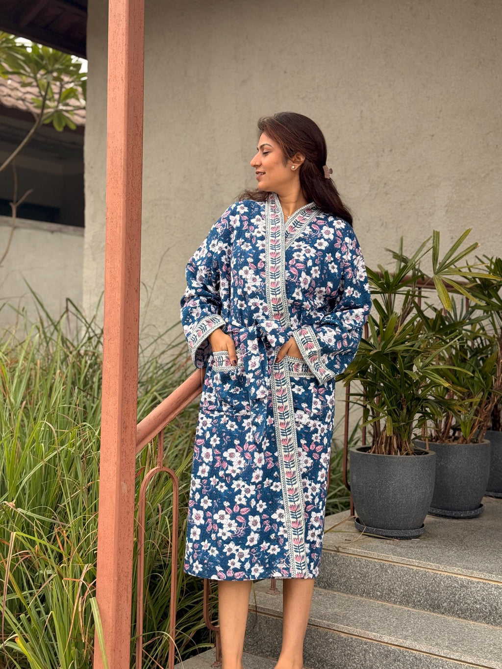 Hand Block Print Waffle Cotton Bathrobe, Lightweight Spa Robe, Natural Dye Kimono Robe, Handmade Unisex Bathrobe, Sustainable Loungewear