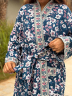 Hand Block Print Waffle Cotton Bathrobe, Lightweight Spa Robe, Natural Dye Kimono Robe, Handmade Unisex Bathrobe, Sustainable Loungewear