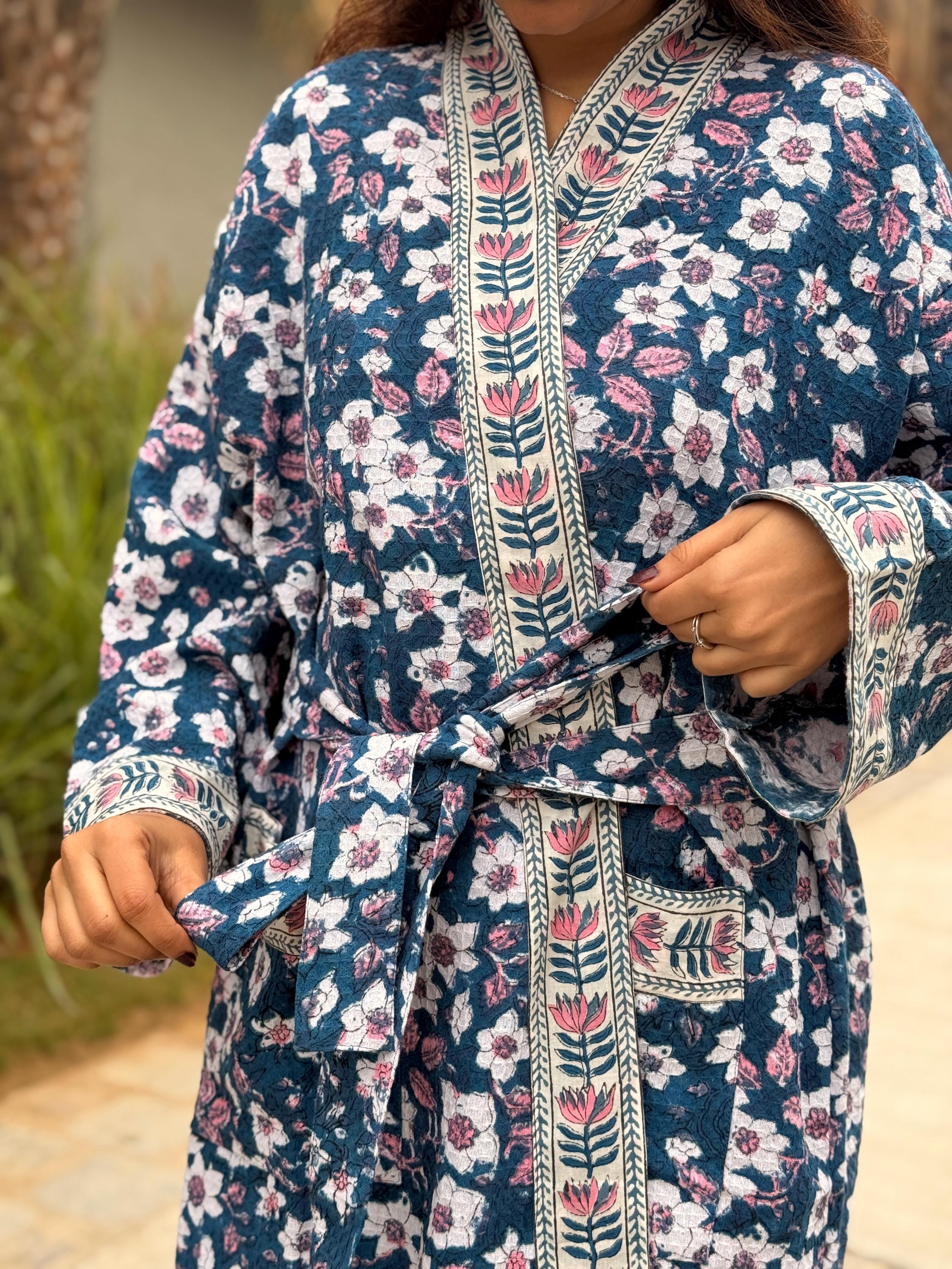 Hand Block Print Waffle Cotton Bathrobe, Lightweight Spa Robe, Natural Dye Kimono Robe, Handmade Unisex Bathrobe, Sustainable Loungewear