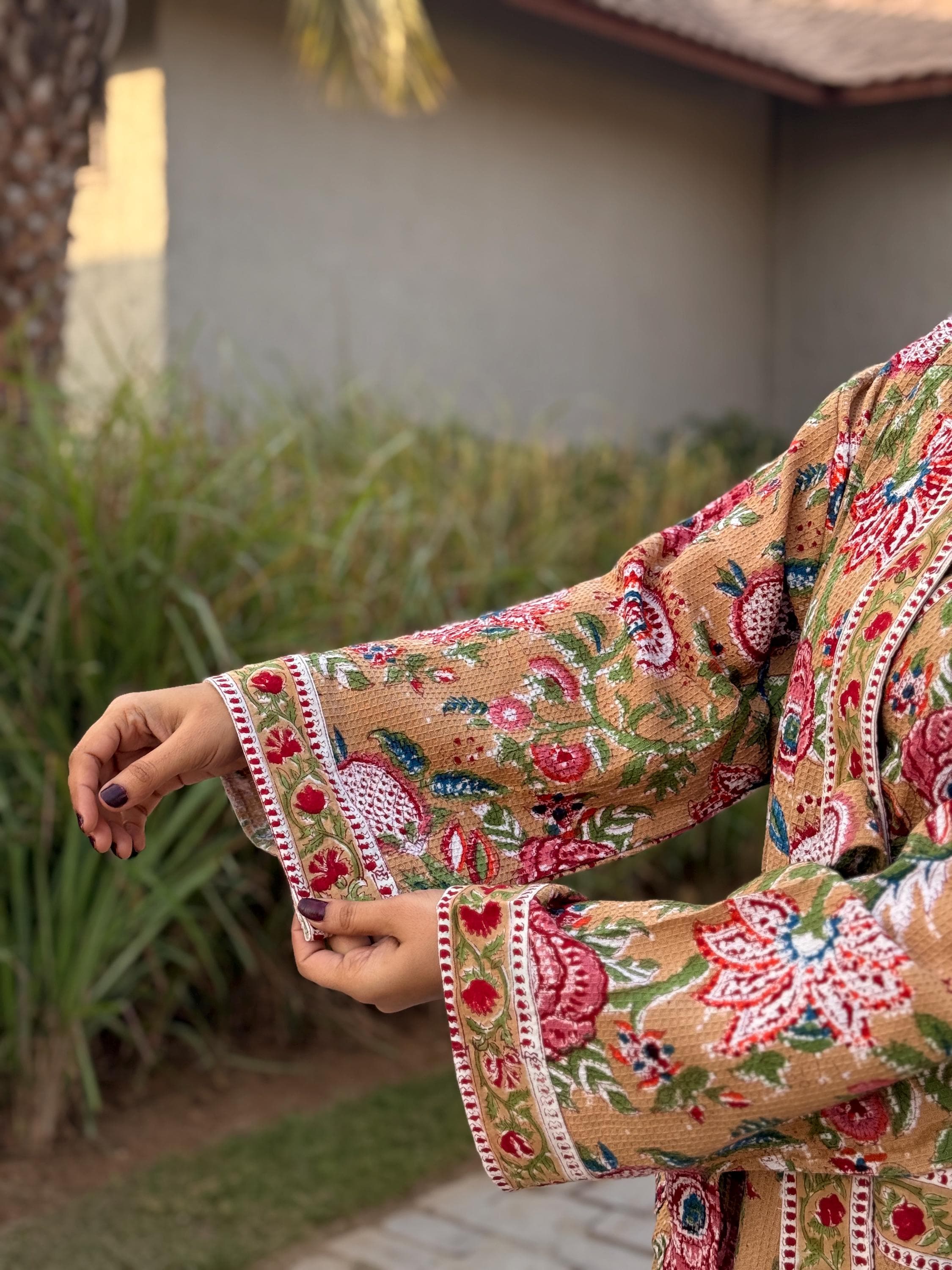 Hand Block Print Waffle Cotton Bathrobe, Lightweight Spa Robe, Natural Dye Kimono Robe, Handmade Unisex Bathrobe, Sustainable Loungewear