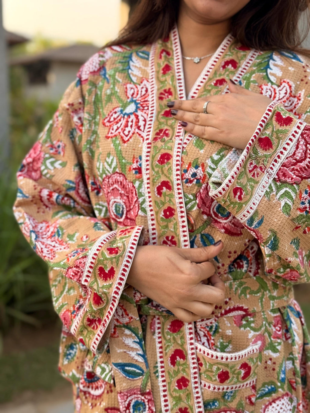 Hand Block Print Waffle Cotton Bathrobe, Lightweight Spa Robe, Natural Dye Kimono Robe, Handmade Unisex Bathrobe, Sustainable Loungewear