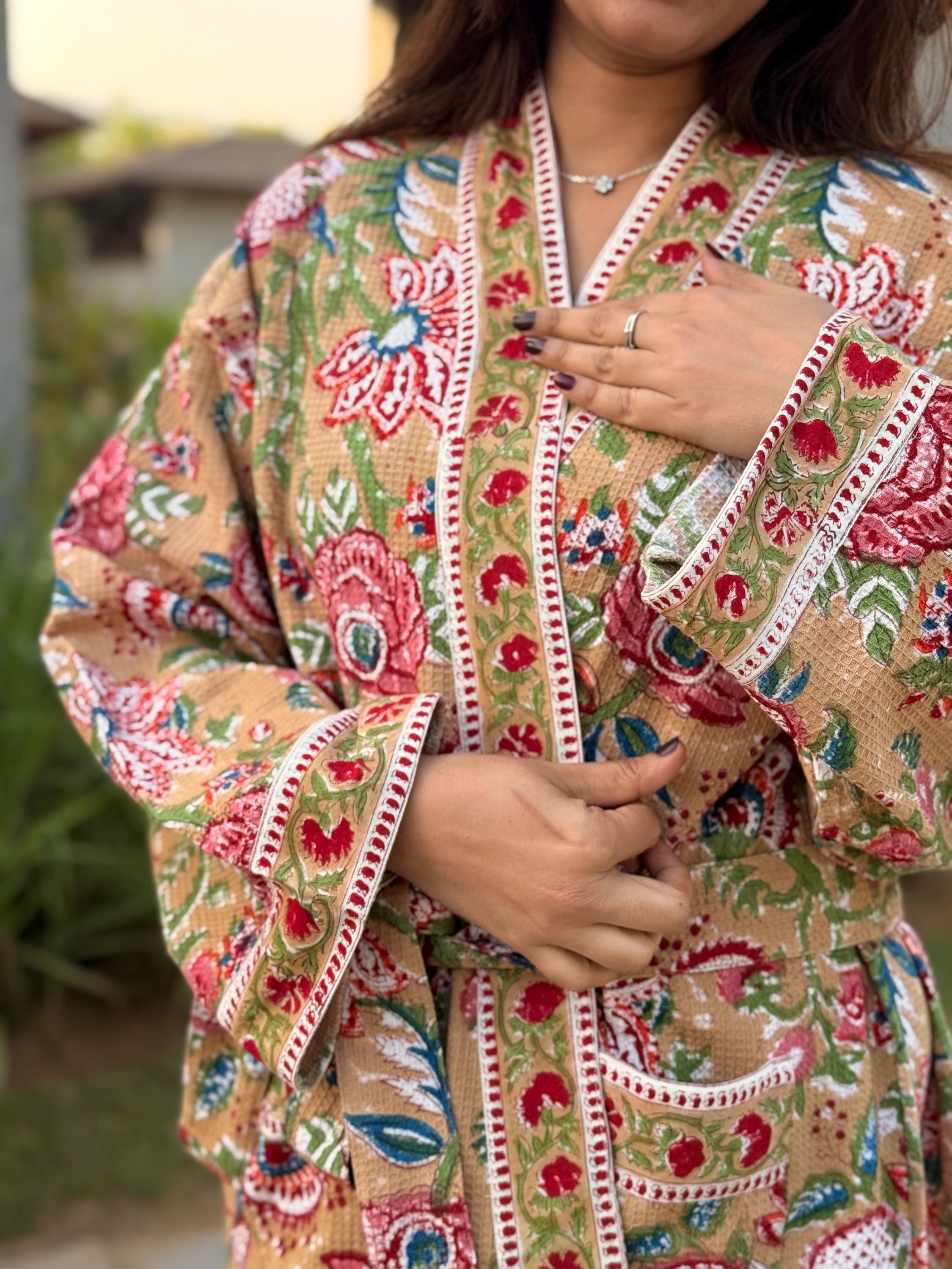 Hand Block Print Waffle Cotton Bathrobe, Lightweight Spa Robe, Natural Dye Kimono Robe, Handmade Unisex Bathrobe, Sustainable Loungewear