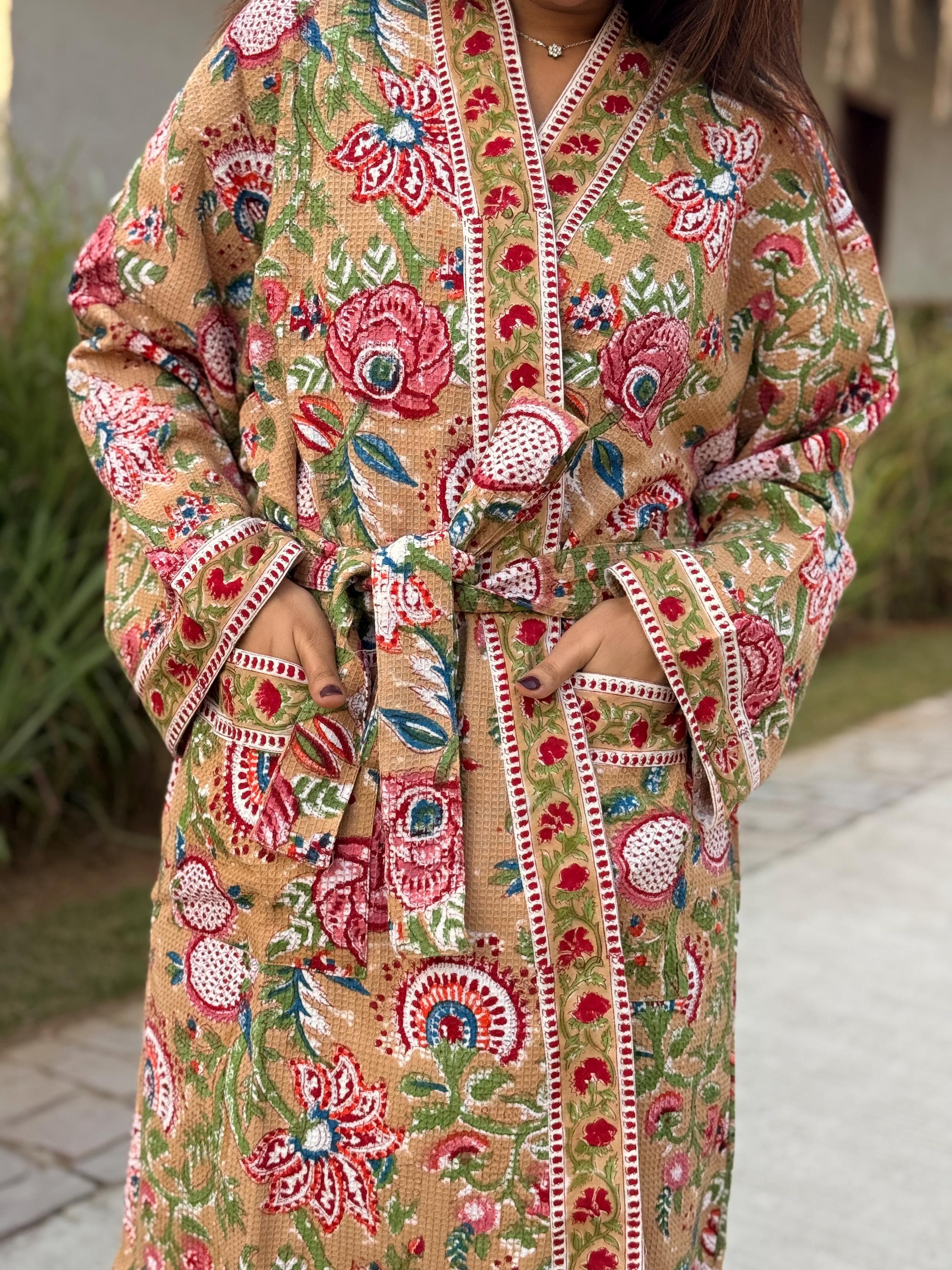 Hand Block Print Waffle Cotton Bathrobe, Lightweight Spa Robe, Natural Dye Kimono Robe, Handmade Unisex Bathrobe, Sustainable Loungewear