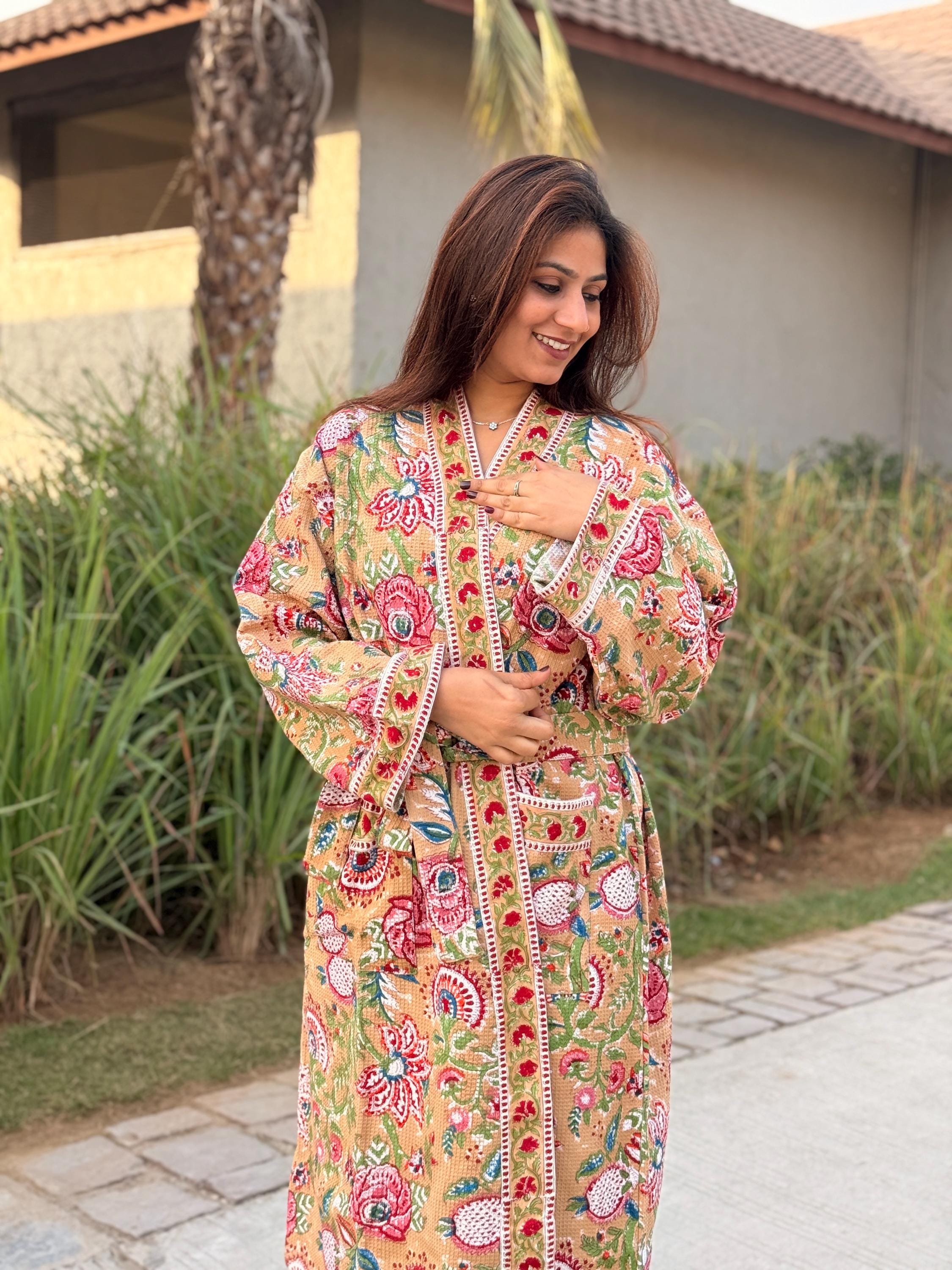 Hand Block Print Waffle Cotton Bathrobe, Lightweight Spa Robe, Natural Dye Kimono Robe, Handmade Unisex Bathrobe, Sustainable Loungewear