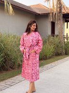 Hand Block Print Waffle Cotton Bathrobe, Lightweight Spa Robe, Natural Dye Kimono Robe, Handmade Unisex Bathrobe, Sustainable Loungewear