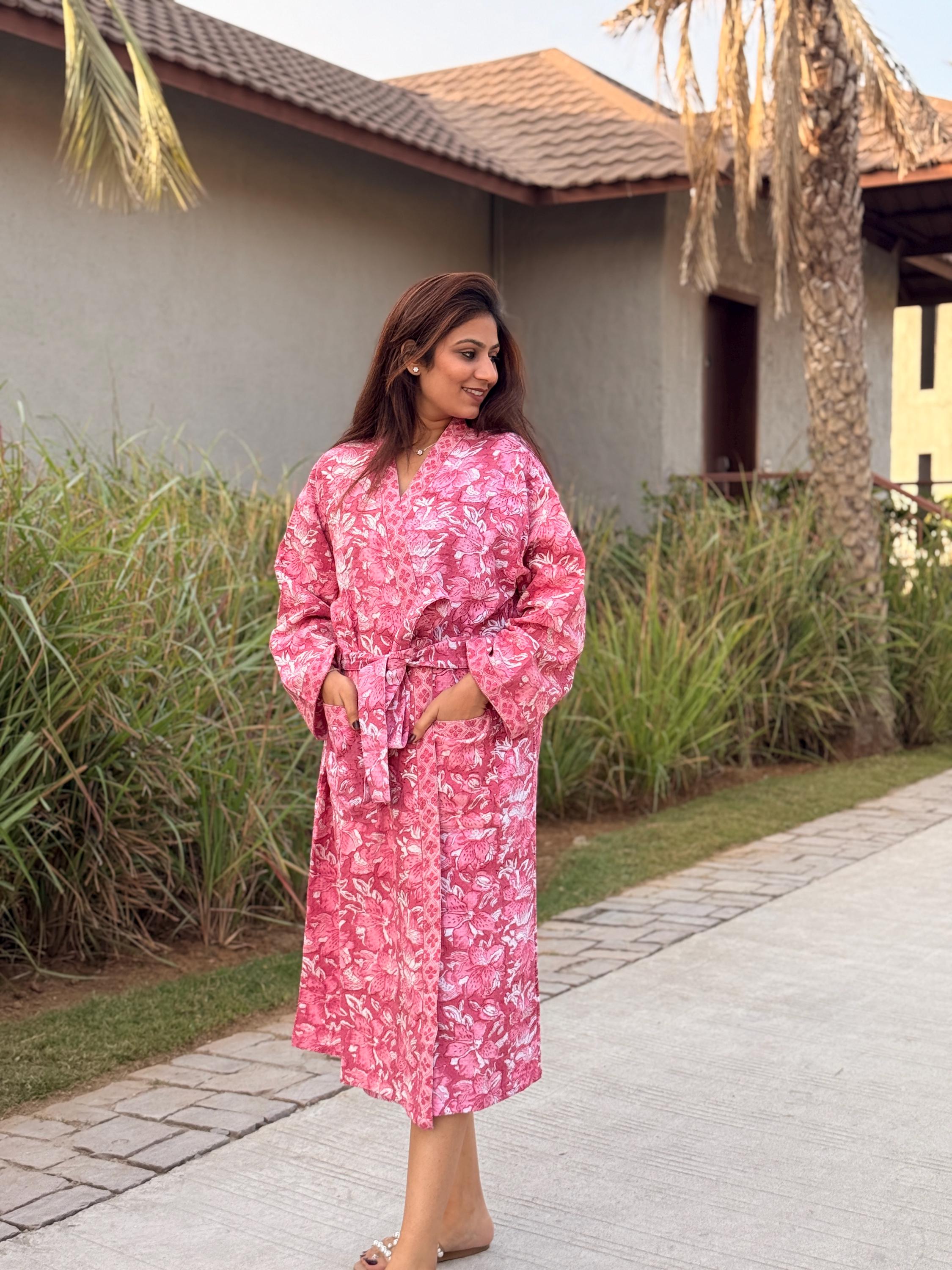 Hand Block Print Waffle Cotton Bathrobe, Lightweight Spa Robe, Natural Dye Kimono Robe, Handmade Unisex Bathrobe, Sustainable Loungewear