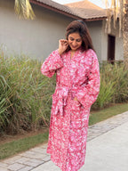 Hand Block Print Waffle Cotton Bathrobe, Lightweight Spa Robe, Natural Dye Kimono Robe, Handmade Unisex Bathrobe, Sustainable Loungewear