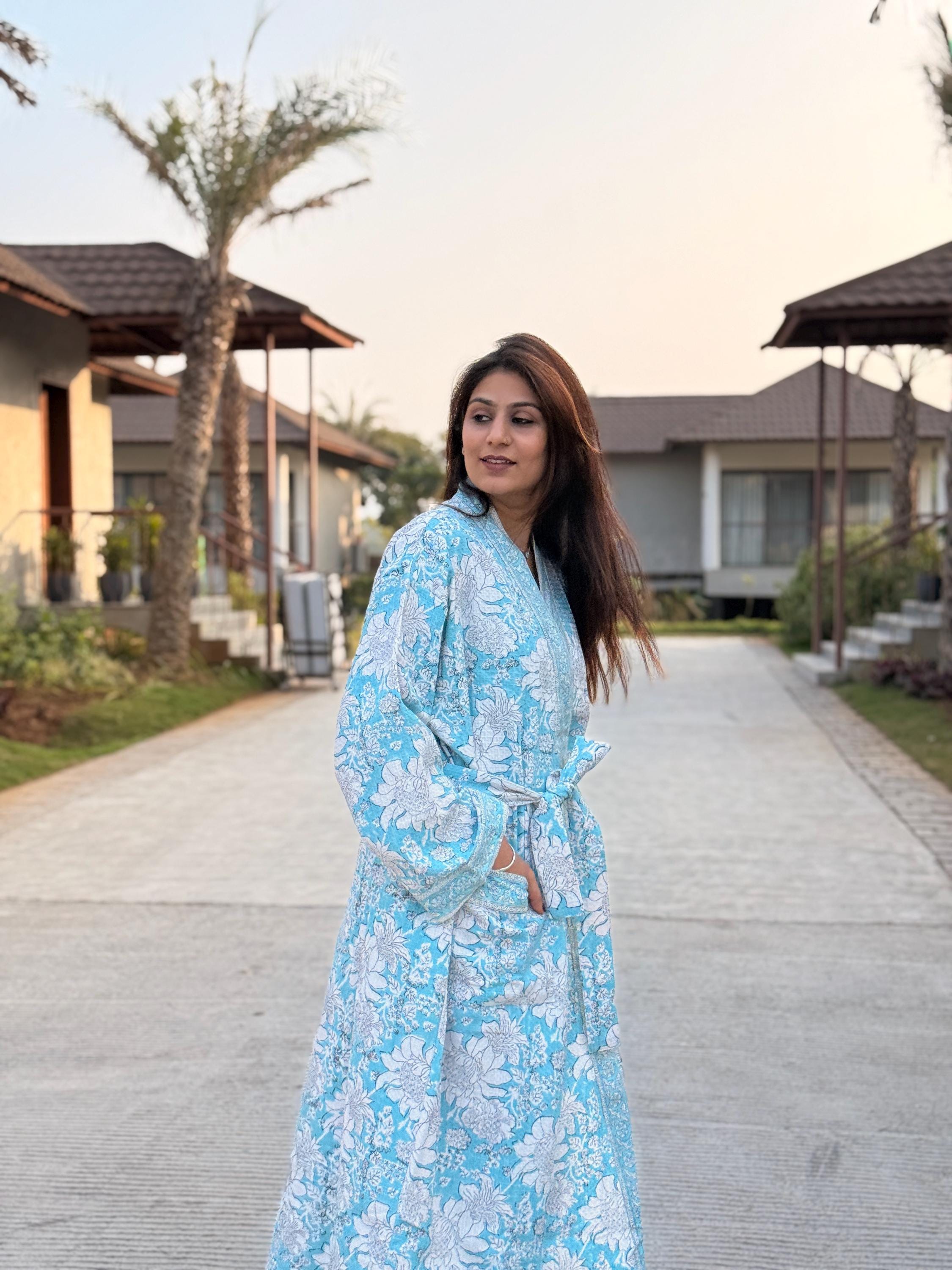 Hand Block Print Waffle Cotton Bathrobe, Lightweight Spa Robe, Natural Dye Kimono Robe, Handmade Unisex Bathrobe, Sustainable Loungewear
