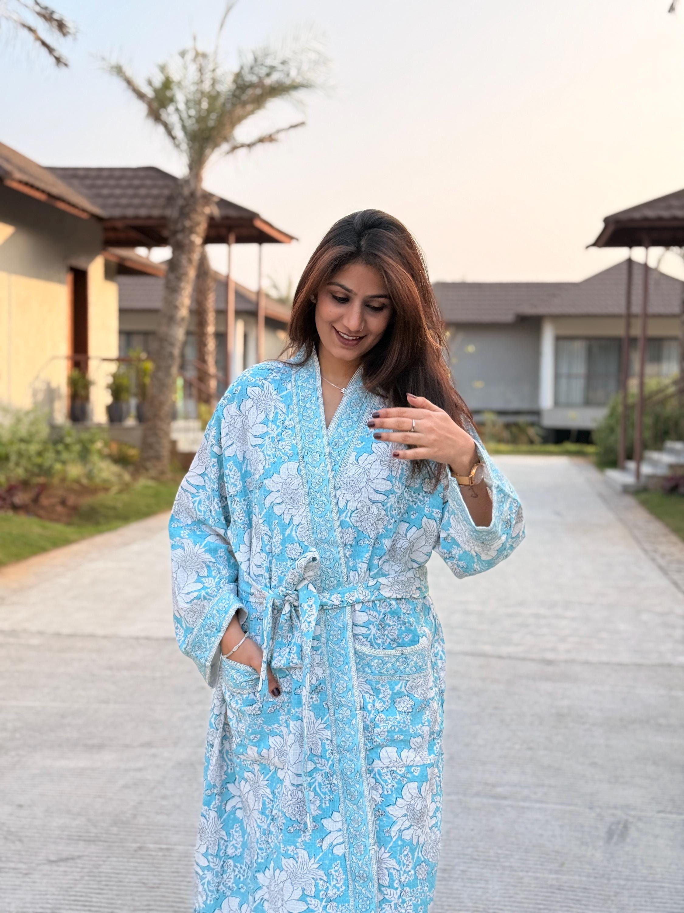 Hand Block Print Waffle Cotton Bathrobe, Lightweight Spa Robe, Natural Dye Kimono Robe, Handmade Unisex Bathrobe, Sustainable Loungewear