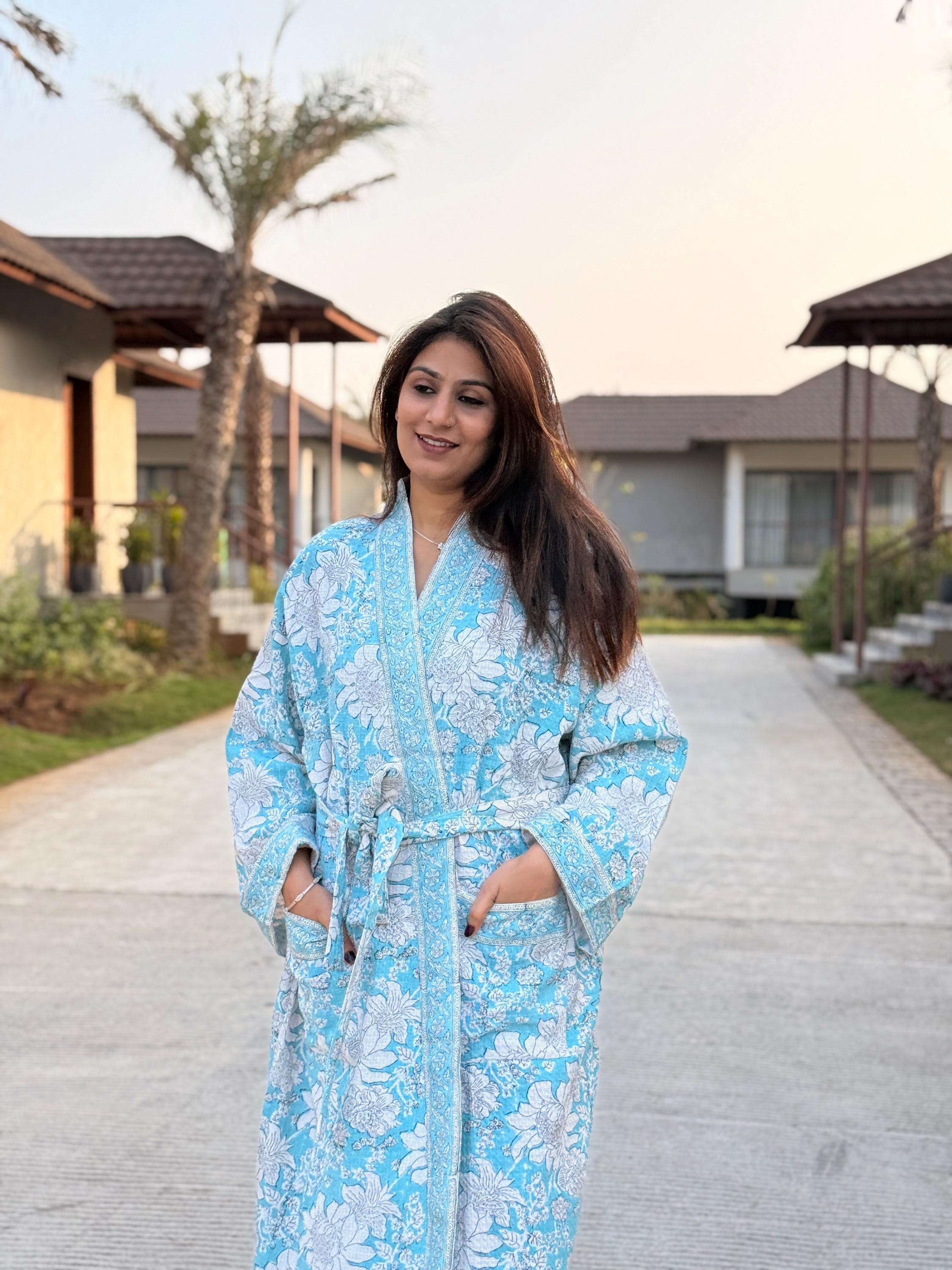 Hand Block Print Waffle Cotton Bathrobe, Lightweight Spa Robe, Natural Dye Kimono Robe, Handmade Unisex Bathrobe, Sustainable Loungewear