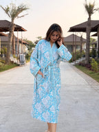 Hand Block Print Waffle Cotton Bathrobe, Lightweight Spa Robe, Natural Dye Kimono Robe, Handmade Unisex Bathrobe, Sustainable Loungewear