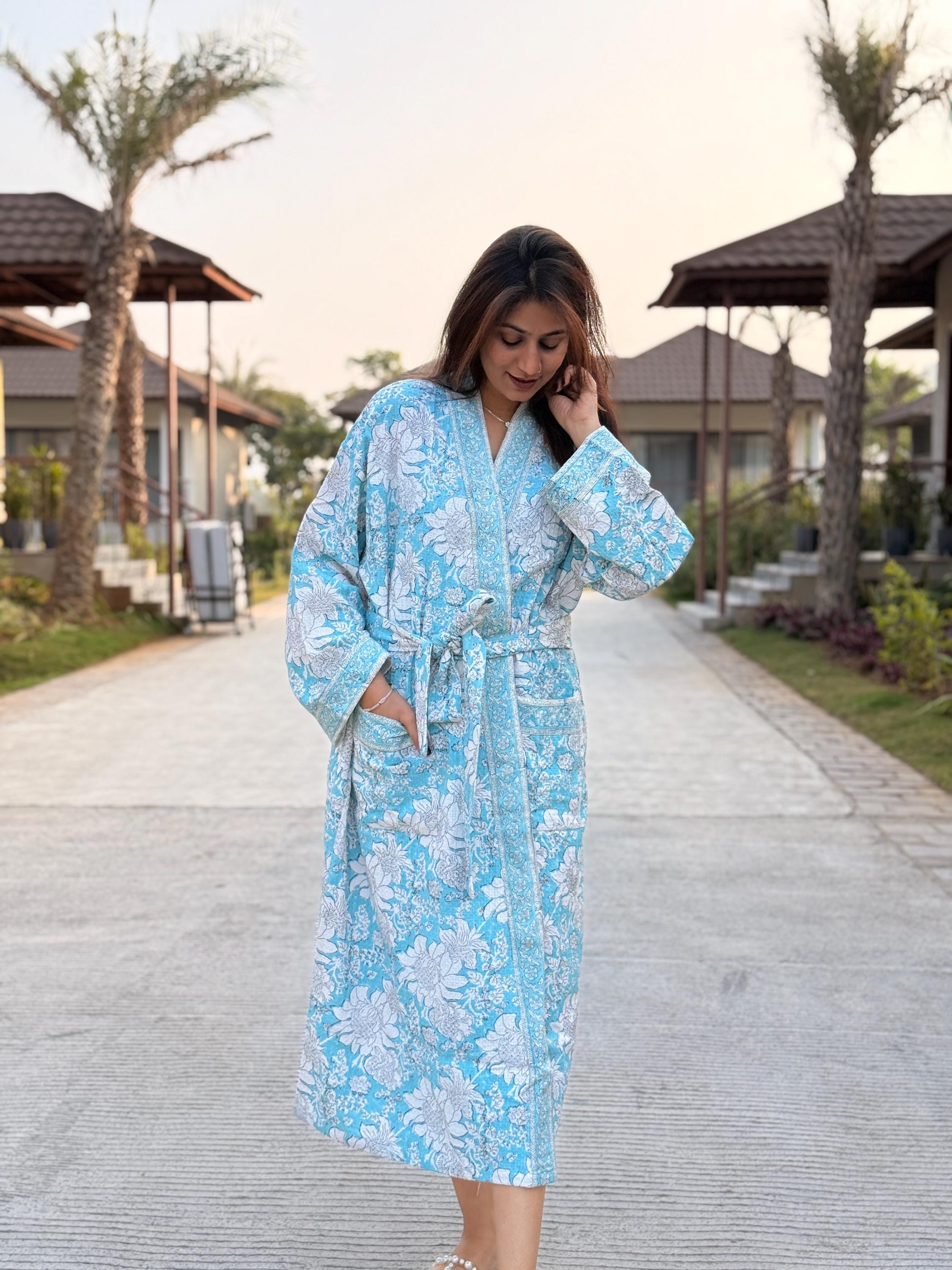 Hand Block Print Waffle Cotton Bathrobe, Lightweight Spa Robe, Natural Dye Kimono Robe, Handmade Unisex Bathrobe, Sustainable Loungewear