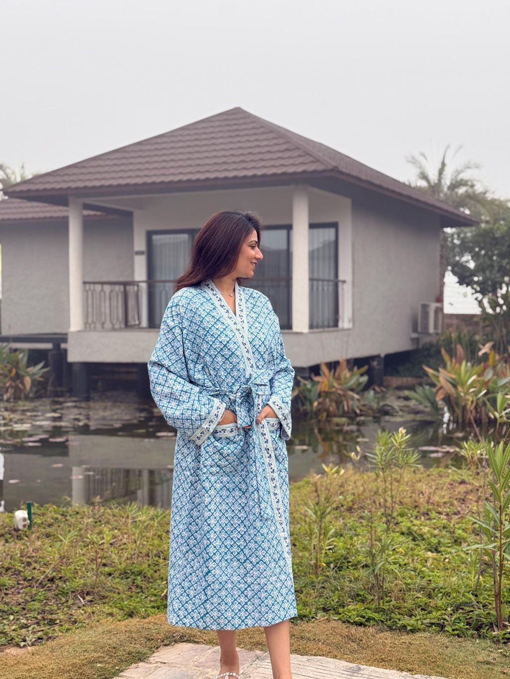 Hand Block Print Waffle Cotton Bathrobe, Lightweight Spa Robe, Natural Dye Kimono Robe, Handmade Unisex Bathrobe, Sustainable Loungewear