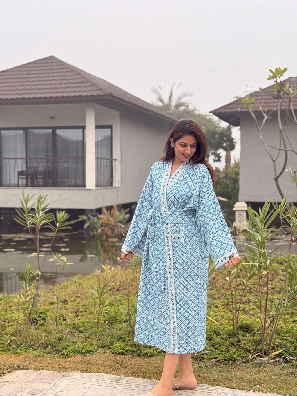 Hand Block Print Waffle Cotton Bathrobe, Lightweight Spa Robe, Natural Dye Kimono Robe, Handmade Unisex Bathrobe, Sustainable Loungewear