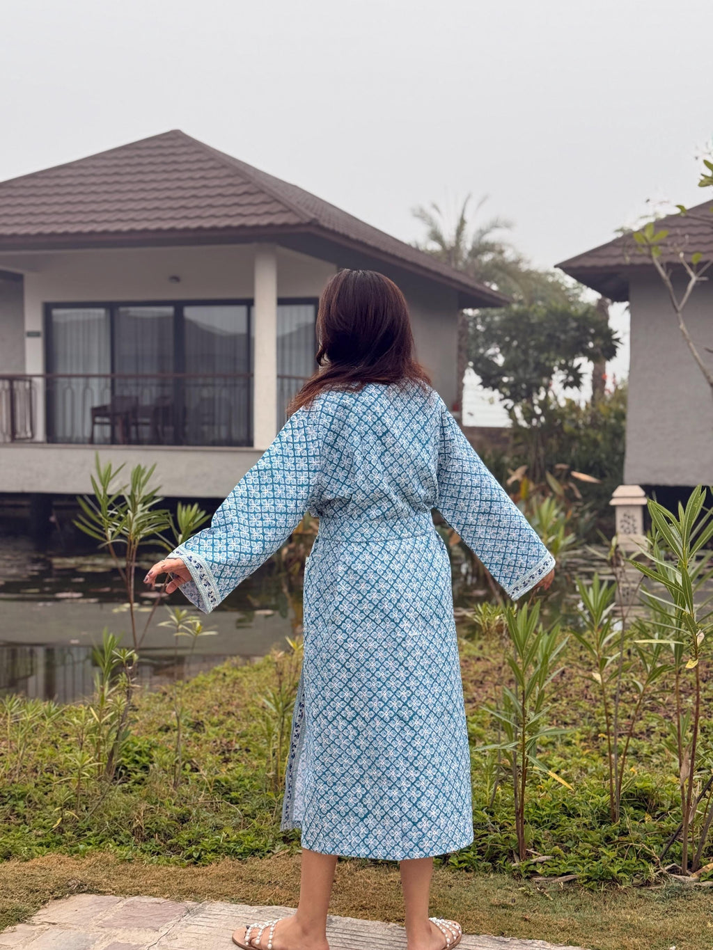 Hand Block Print Waffle Cotton Bathrobe, Lightweight Spa Robe, Natural Dye Kimono Robe, Handmade Unisex Bathrobe, Sustainable Loungewear