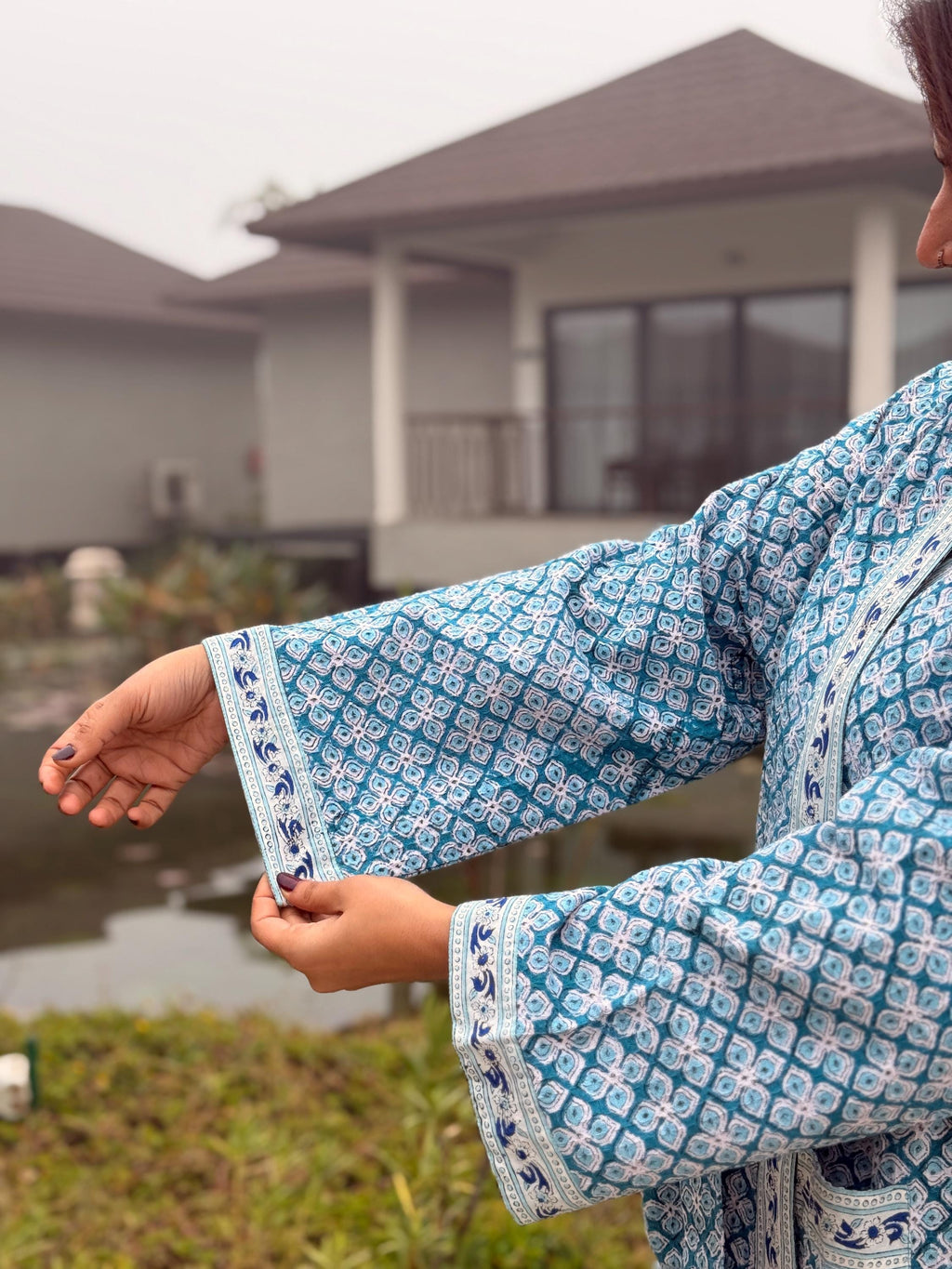 Hand Block Print Waffle Cotton Bathrobe, Lightweight Spa Robe, Natural Dye Kimono Robe, Handmade Unisex Bathrobe, Sustainable Loungewear