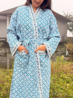 Hand Block Print Waffle Cotton Bathrobe, Lightweight Spa Robe, Natural Dye Kimono Robe, Handmade Unisex Bathrobe, Sustainable Loungewear
