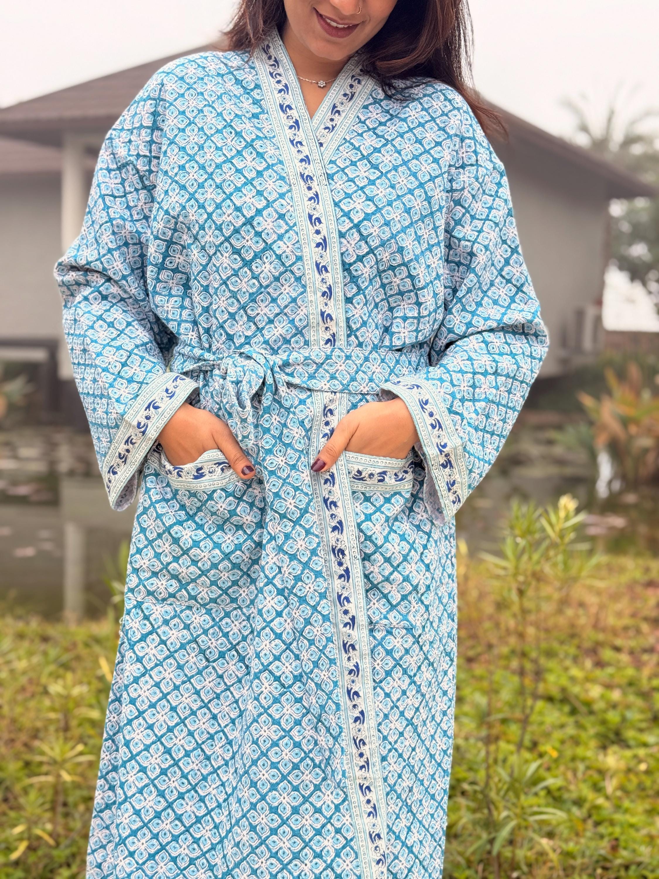 Hand Block Print Waffle Cotton Bathrobe, Lightweight Spa Robe, Natural Dye Kimono Robe, Handmade Unisex Bathrobe, Sustainable Loungewear