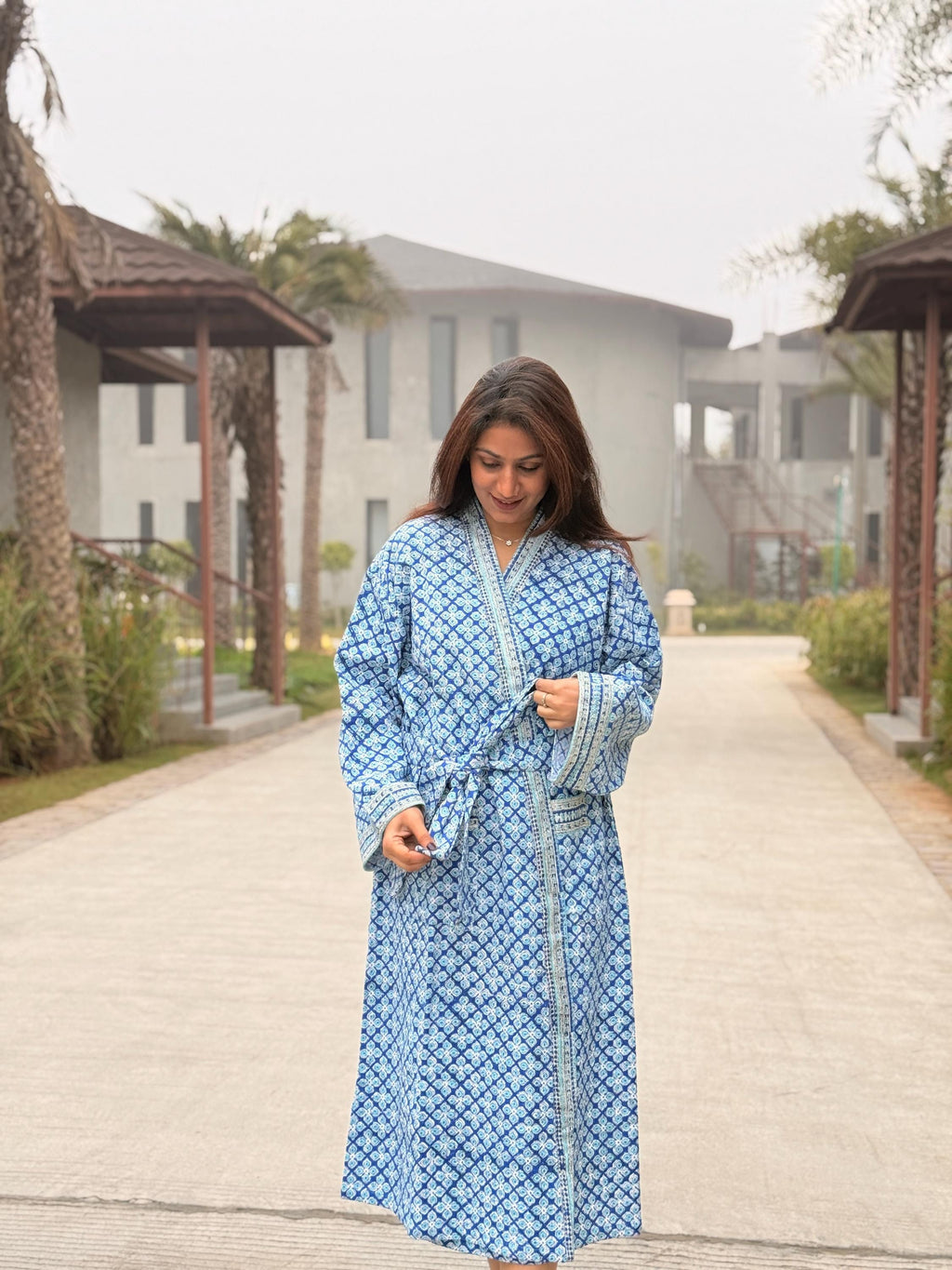 Hand Block Print Waffle Cotton Bathrobe, Lightweight Spa Robe, Natural Dye Kimono Robe, Handmade Unisex Bathrobe, Sustainable Loungewear