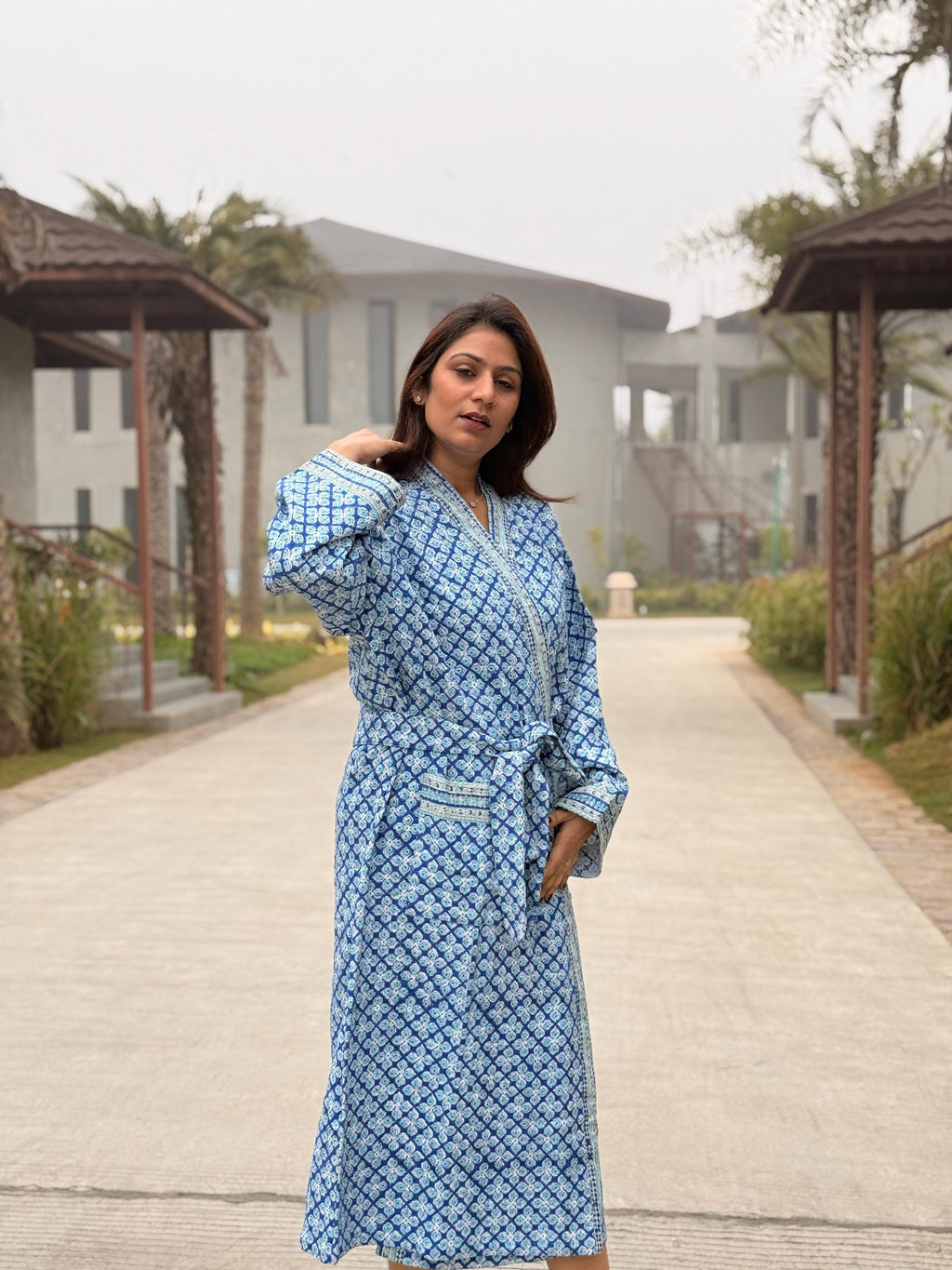 Hand Block Print Waffle Cotton Bathrobe, Lightweight Spa Robe, Natural Dye Kimono Robe, Handmade Unisex Bathrobe, Sustainable Loungewear