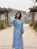 Hand Block Print Waffle Cotton Bathrobe, Lightweight Spa Robe, Natural Dye Kimono Robe, Handmade Unisex Bathrobe, Sustainable Loungewear