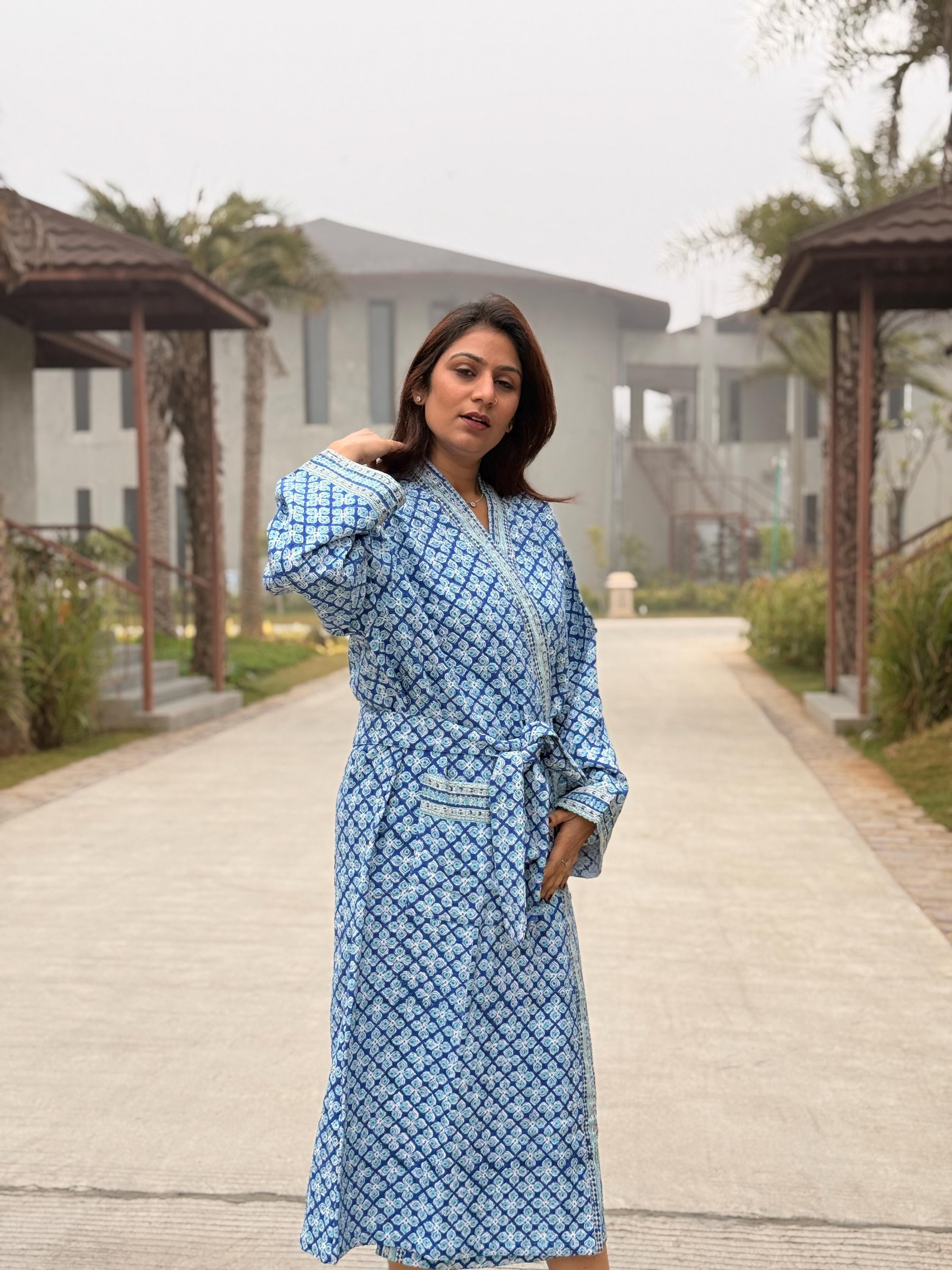 Hand Block Print Waffle Cotton Bathrobe, Lightweight Spa Robe, Natural Dye Kimono Robe, Handmade Unisex Bathrobe, Sustainable Loungewear