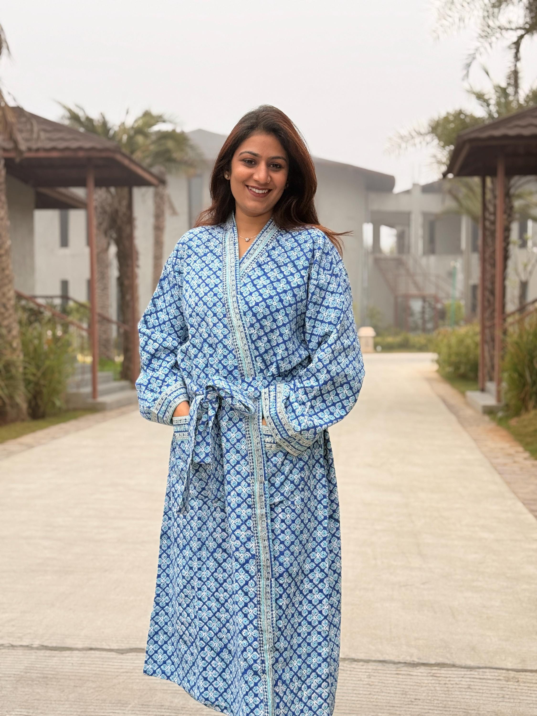 Hand Block Print Waffle Cotton Bathrobe, Lightweight Spa Robe, Natural Dye Kimono Robe, Handmade Unisex Bathrobe, Sustainable Loungewear