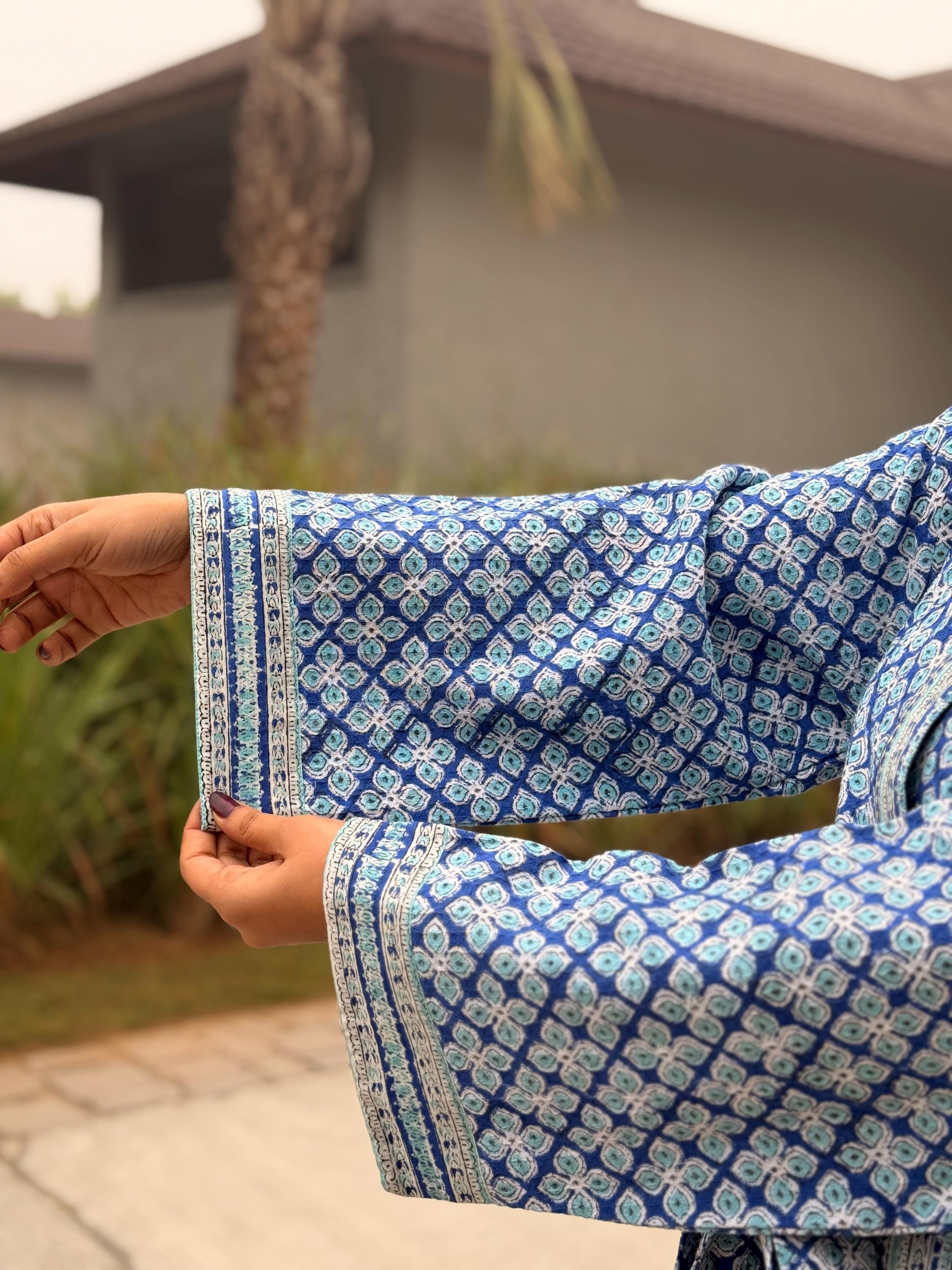 Hand Block Print Waffle Cotton Bathrobe, Lightweight Spa Robe, Natural Dye Kimono Robe, Handmade Unisex Bathrobe, Sustainable Loungewear