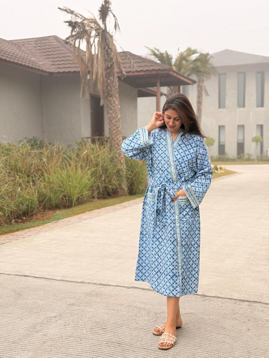 Hand Block Print Waffle Cotton Bathrobe, Lightweight Spa Robe, Natural Dye Kimono Robe, Handmade Unisex Bathrobe, Sustainable Loungewear