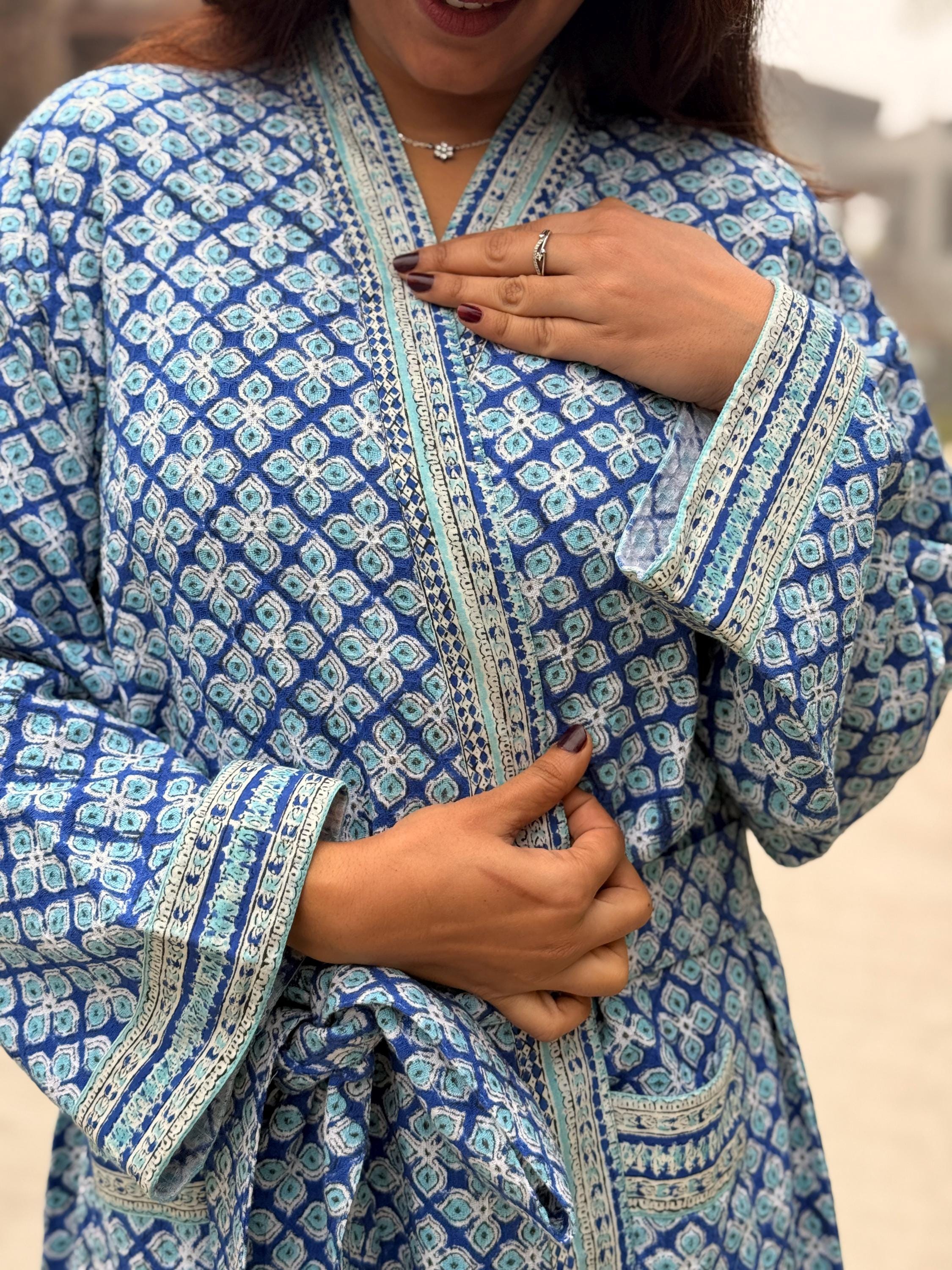 Hand Block Print Waffle Cotton Bathrobe, Lightweight Spa Robe, Natural Dye Kimono Robe, Handmade Unisex Bathrobe, Sustainable Loungewear