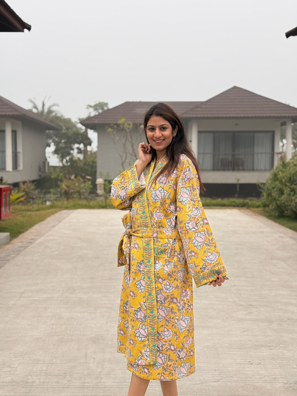 Hand Block Print Waffle Cotton Bathrobe, Lightweight Spa Robe, Natural Dye Kimono Robe, Handmade Unisex Bathrobe, Sustainable Loungewear