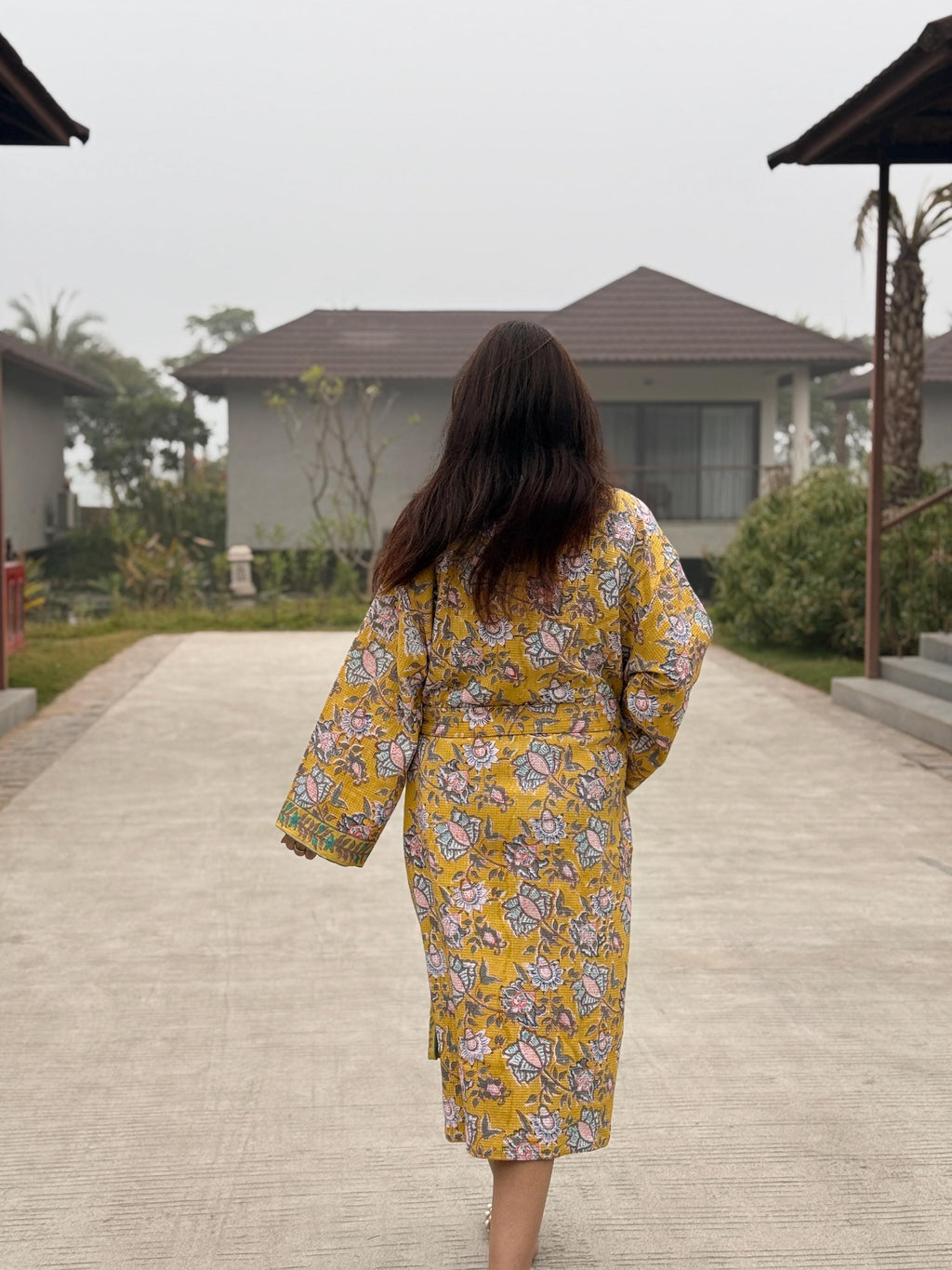 Hand Block Print Waffle Cotton Bathrobe, Lightweight Spa Robe, Natural Dye Kimono Robe, Handmade Unisex Bathrobe, Sustainable Loungewear