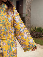 Hand Block Print Waffle Cotton Bathrobe, Lightweight Spa Robe, Natural Dye Kimono Robe, Handmade Unisex Bathrobe, Sustainable Loungewear