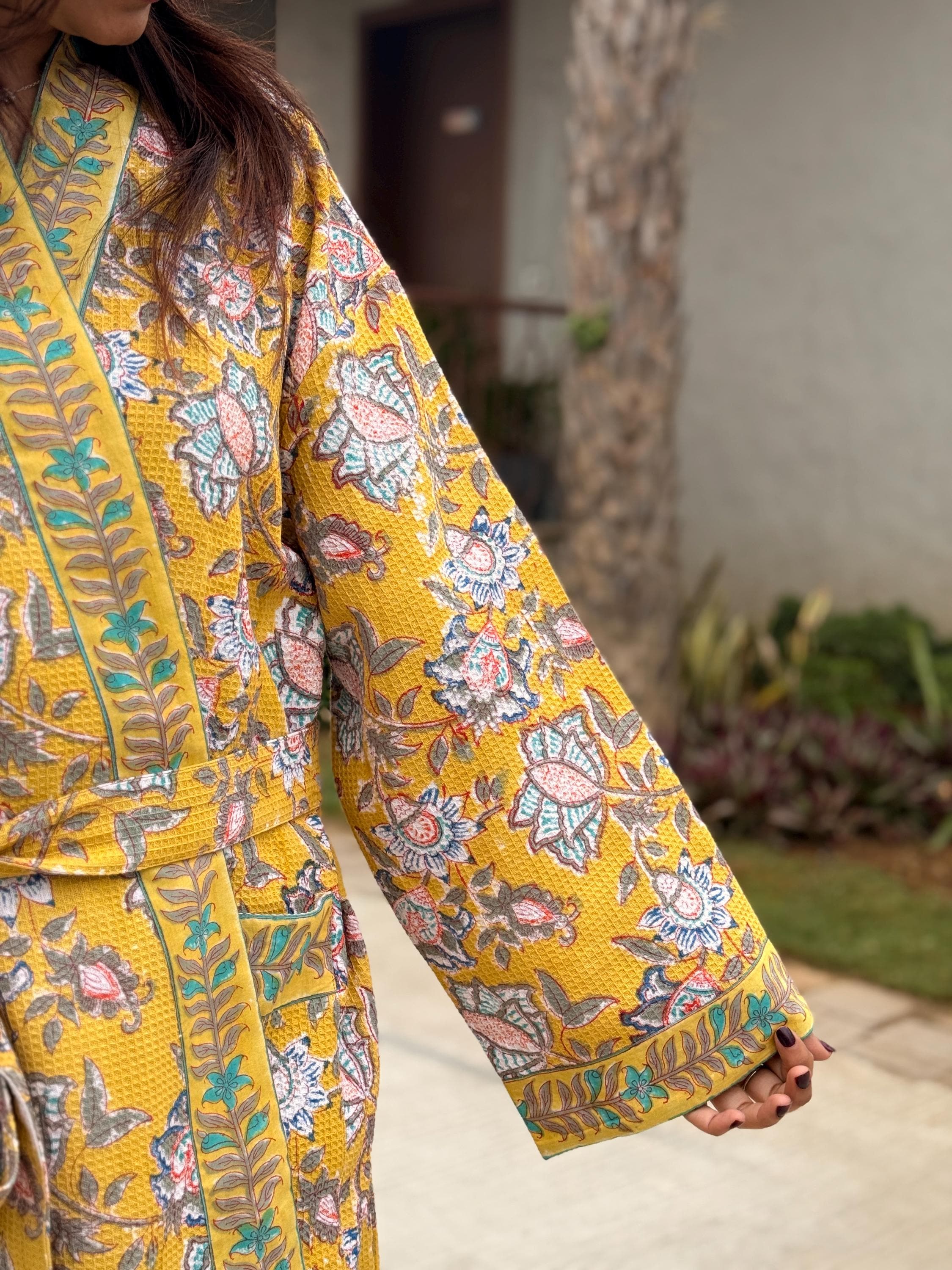 Hand Block Print Waffle Cotton Bathrobe, Lightweight Spa Robe, Natural Dye Kimono Robe, Handmade Unisex Bathrobe, Sustainable Loungewear