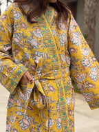 Hand Block Print Waffle Cotton Bathrobe, Lightweight Spa Robe, Natural Dye Kimono Robe, Handmade Unisex Bathrobe, Sustainable Loungewear